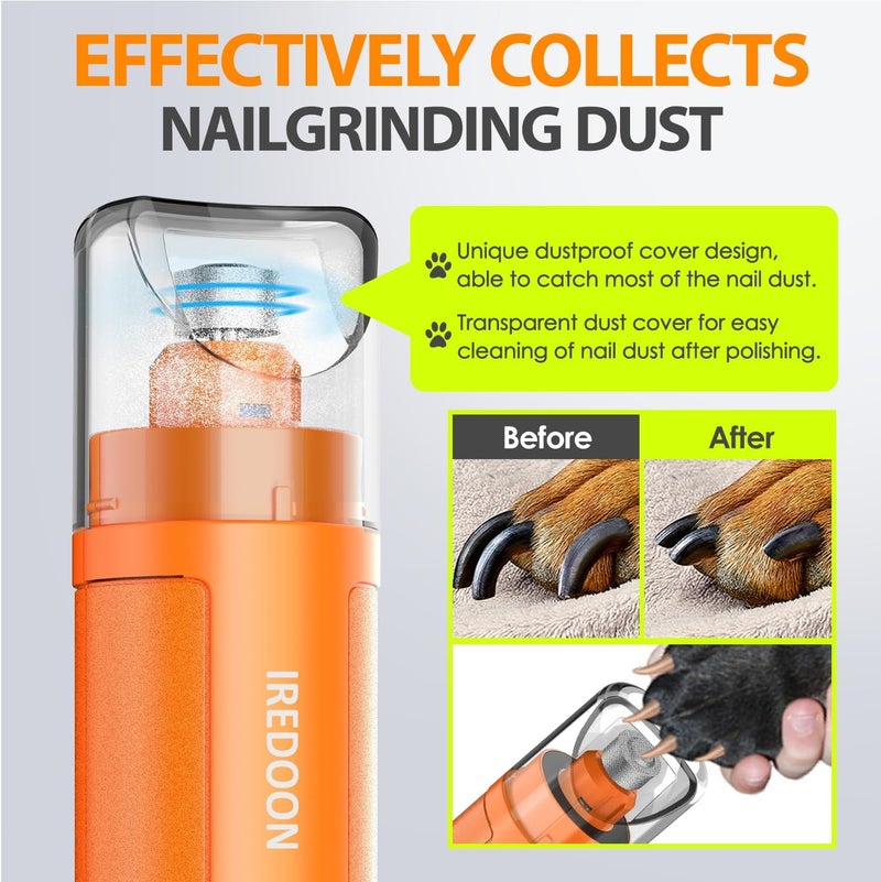IREDOON Dog Nail Grinder Upgraded - Professional 3-Speed Super Quiet and Low Vibration Electric Pet Nail Grinder with 4 LED Lights - Painless Paws Grooming & Smoothing for Small to Large Dogs (Orange) - Image 3
